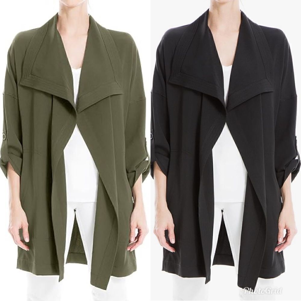 Max Studio Plus Size Twill Draped Long Jacket, Ash Gray Grey